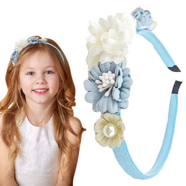 Blue Plastic Flower Headbands Blue White Rose Flowers Hair Bands Pearls Elegant Decoration Headdress, Spring Summer Hair Accessories for Women, Non-Slip Daily Wedding Party Headdress Hair Decoration