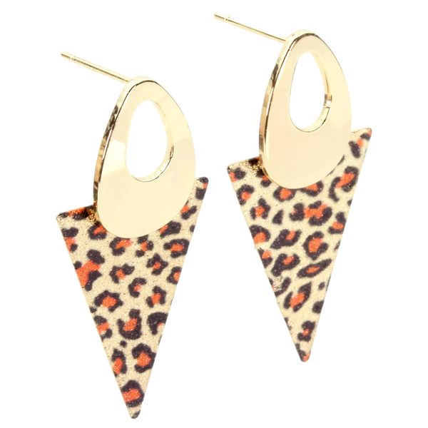 bluebubble EXOTIC Gold Plated Geometric Triangle Leopard Print Statement Stud Dangle Earrings on Gift Card