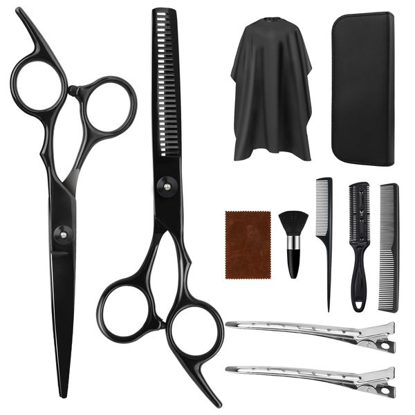 11pcs Hairdressing Scissors Set – Featuring Hair Scissors, thinning Scissors. Hair Cutting Scissors Perfect for Women, Men, and Children. Comes with a Black Hairdressing Cape(Black)