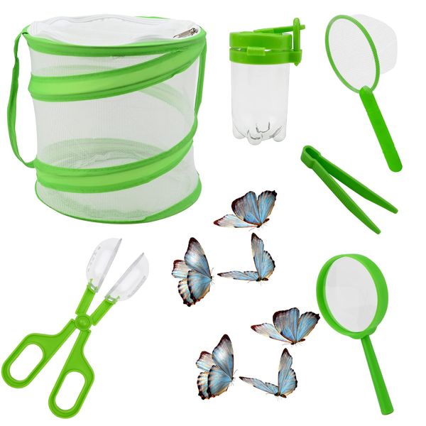 TSLBW 6 Pcs Outdoor Explorer Kit for Kids Insect Catching Kit Bug Hunting Kits for Kids including Critter Cage,Magnifying Glass,Tweezers,Insect Bottle,Insect Catching Scissors,butterfly net (green)