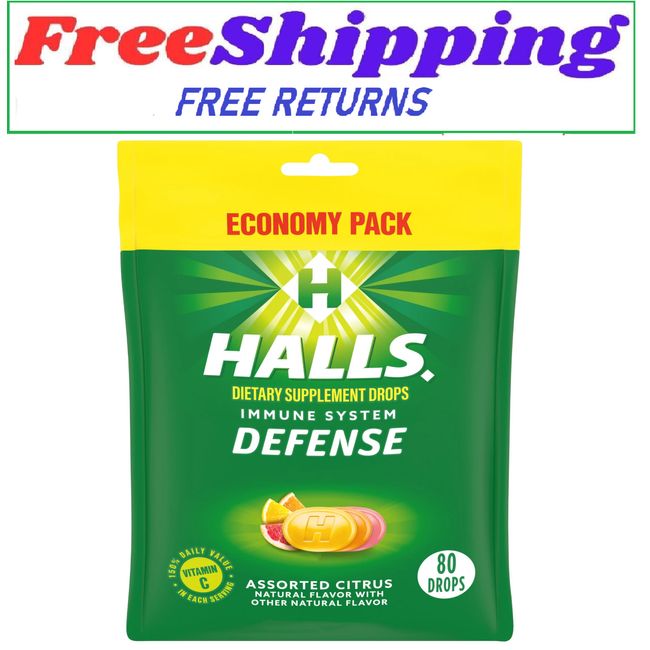 HALLS Defense Assorted Citrus Vitamin C Drops, Economy Pack, 80 Drops