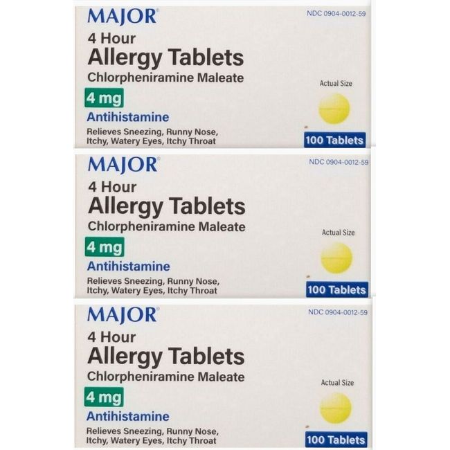 MAJOR Chlorpheniramine 4mg Allergy Tablets 100ct ( 3 pack ) PHARMACY FRESH! ^