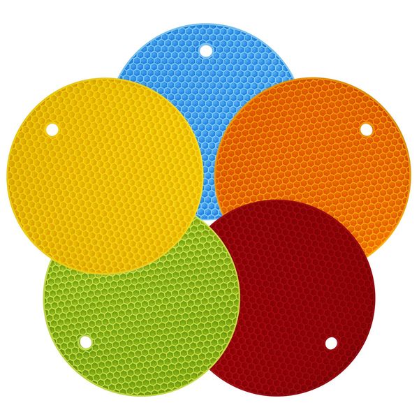 MengH-SHOP Silicone Table Mat Heat Resistant Round Honeycomb Trivet Table Pad Non-Slip Potholder Multipurpose Hot Pads Spoon Rest Flexible Coasters for Kitchen Cooking & Dining 5 Pieces (Multicolor)