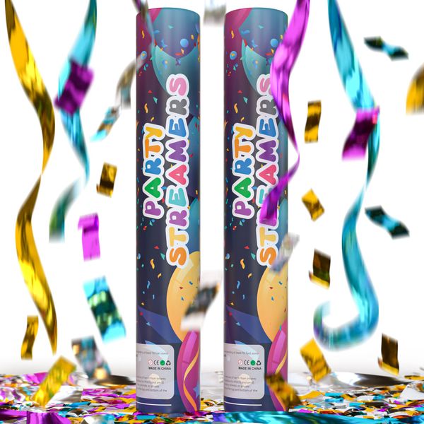 2 Pack New Years Eve Streamer Confetti Cannon Confetti Poppers | Shiny Multicolor Streamers | TUR Party Supplies | Launches Up to 25ft | Giant 12 in | Party Poppers for Graduation, Birthdays, Weddings