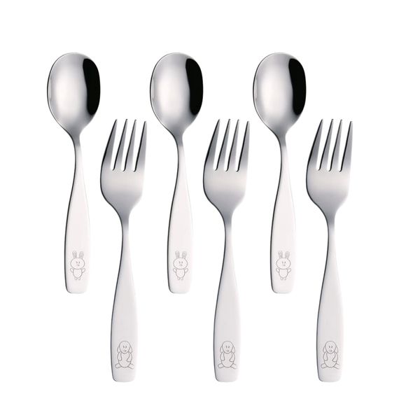 Exzact Children's Cutlery Stainless Steel 6pcs/ Kids Fork and Spoon Set/Toddler Utensils/Flatware - 3 x Forks, 3 x Dinner Spoons - Dog & Bunny Engraved (2021 New Packaging)