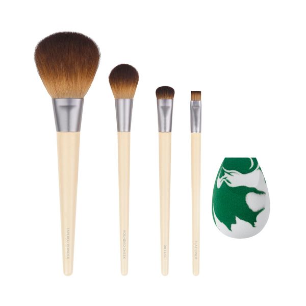 EcoTools Core Five Makeup Brush and Sponge Kit, For Eyeshadow, Blush, Bronzer, Eyeliner, & Foundation, Makeup Blending Sponge, Brush Essentials, 5 Piece Set