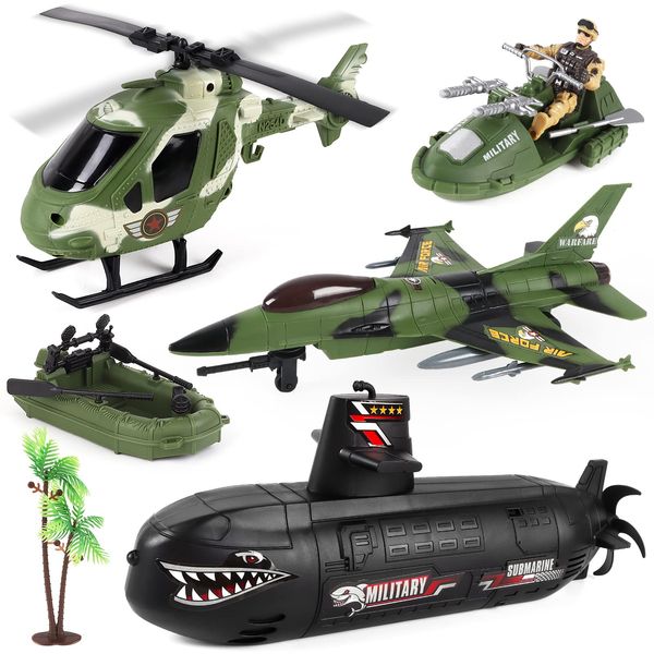 deAO Submarine Toy Army Men Action Figures Toy with Military Vehicles Helicopter Boat Aircraft Toys Playset Toy Soldiers Army Toys for Boys Age 3-9 Gift for Birthdays