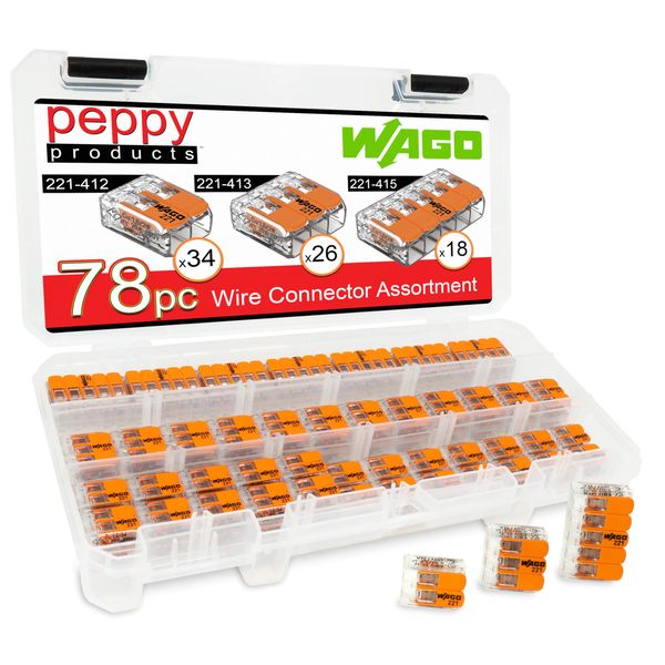 WAGO 221 Lever Nuts 78pc Compact Splicing Wire Connector Assortment with Case. Includes (34x) 221-412, (26x) 221-413, (18x) 221-415