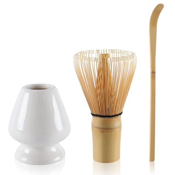 Matcha Tea Set Bamboo Matcha Whisk, Ceramic Whisk Holder, Tea Scoop, Japanese Matcha Tea Tool Kit Set of 3 White