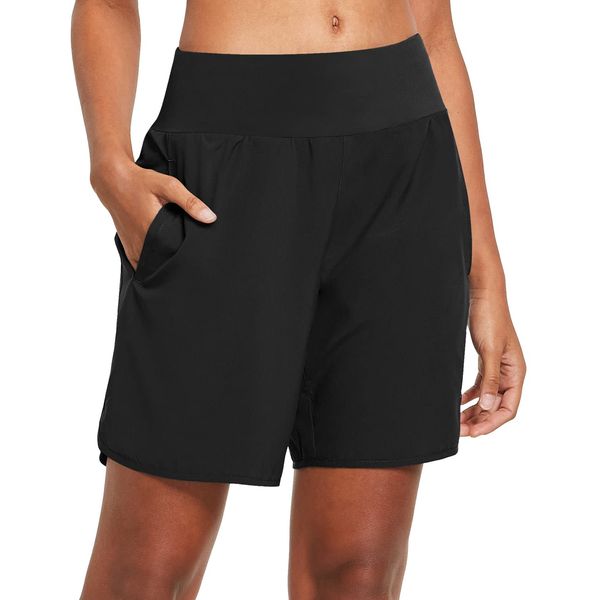 BALEAF Women's Running Shorts 2 in 1 High Waisted Gym Shorts Quick Dry with Back Zipper Pockets for Yoga Workout Black XL