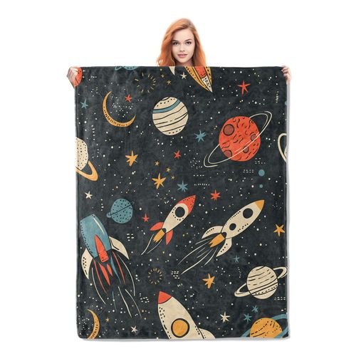 Rockets and Planets Throw Blanket Gifts for Kids Adults Soft Warm Lightweight Cozy Space Star Blankets for Bed Living Room Sofa Travel Home Decor 50"x60"
