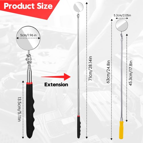 Telescoping Inspection Mirror, 2 Pcs Flexible Retractable Automotive Extension Round Mirror 360 Rotation&Bendable Circular Mirror, Extendable Mirror on a Stick for Checking Vehicle Condition