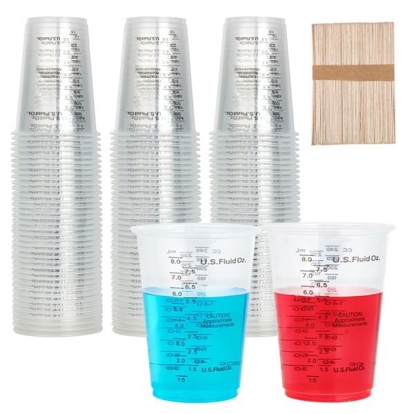 100 PACK Plastic Measuring Cups, 8 oz Disposable Mixing Cups with 100 Wooden Mixing Sticks, Can Be Used for Epoxy Resin, Liquid Measuring, Paint Mixing, Cooking and Baking