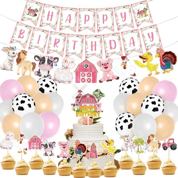 Hungdao 58 Pcs Farm Animals Birthday Party Decorations Pink Barnyard Farm Animal Party Supplies Include Cow Print Balloons, Farm Animal Cupcake Toppers, Happy Birthday Banner for Kids Girl Baby Shower