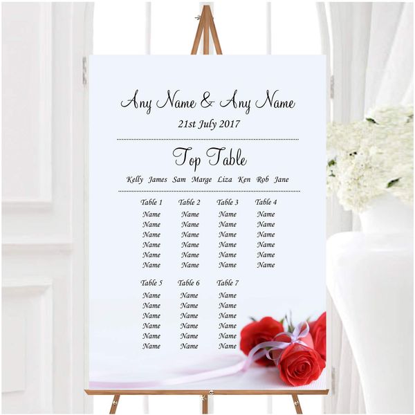 Red Rose & White Ribbon Personalised Wedding Seating Table Plan