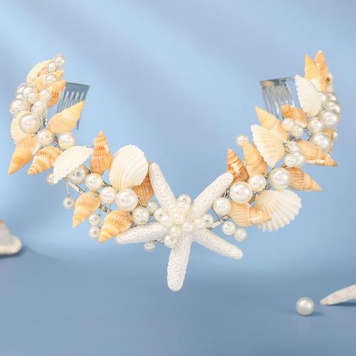 Brishow Starfish Tiara and Crown Silver Seashell Bridal Headpiece Sea Star Headband Beach Wedding Hair Accessories for Women and Girls