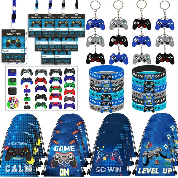 122Pcs Video Game Party Favors, Gamer Party Favors for Boys Includes 13 x 11 Inch Video Game Party Drawstring Bags Bracelets VIP Passes with Lanyards Keychains Tattoo Stickers for Gaming Party Favors