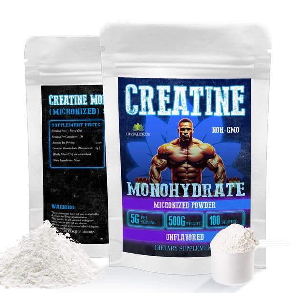 HERBALICIOUS Creatine Monohydrate Micronized Powder, Non-GMO, 500g Weight, 5g per Serving, 100 Serving, Unflavored Dietary Supplement