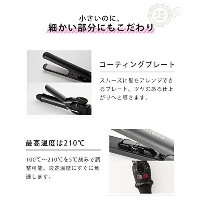 SALONIA Mini Hair Iron, Straight, Black, Overseas Compatible, Max 482°F  (210°C), Heat Resistant Pouch Included