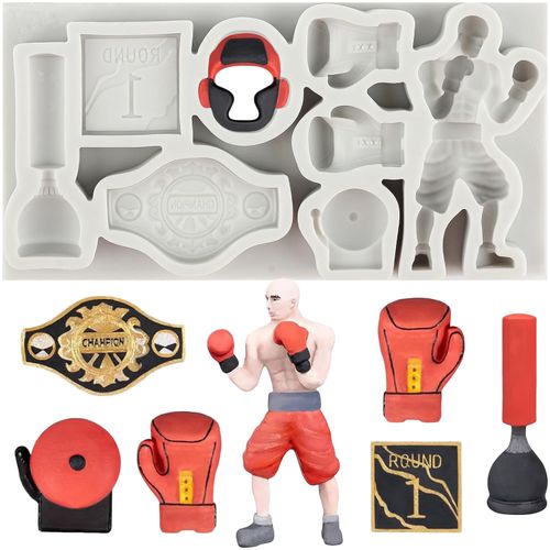 MINFEIDMS Boxing Sports Silicone Molds Boxer Cake Fondant Mold Boxing Helmet Boxing Glove Boxing Belt Molds For Cake Decorating Cupcake Topper Chocolate Candy Gum Paste Polymer Clay