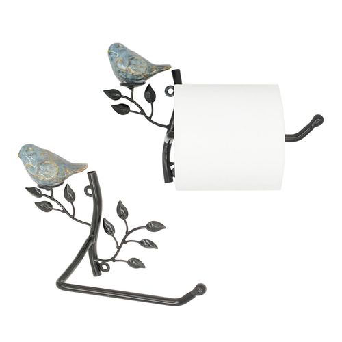 Owlgift Set of 2 Wall Mounted Metal Toilet Tissue Holder w/Ceramic Bird, Roll Organizer for Bathroom - Black