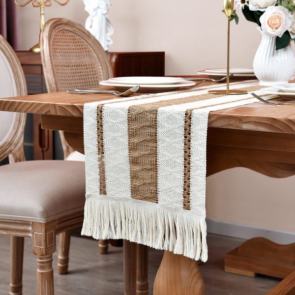 Home Macrame Table Runner Farmhouse Style - Burlap Cotton Rustic Cream Beige Boho Splicing Table Runner with Tassels for Wedding Bridal Shower Party Kitchen Dining Table Decor 12 x 72 Inch