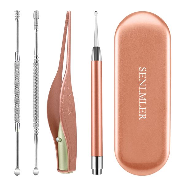 4 Pack Ear Pick with Light, Ear Cleaner Ear Wax Removal Tool Kit for Kids and Adults, Ear Picks Digger & Tweezers & Spiral Spring Ear Spoon Set with Storage Box (Rose Gold)