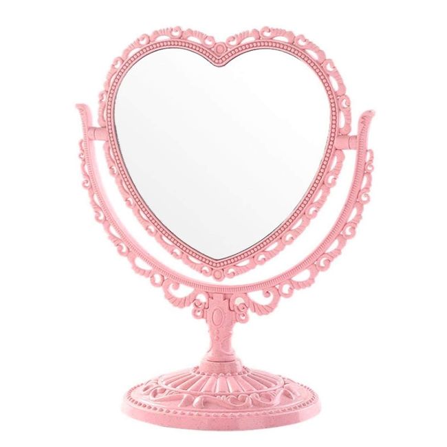 Queen-b Tabletop Mirror, Heart Shape, Cute, Stylish, Makeup, Cosmetic, Beauty, Mirror, Stand, 360° Rotation, Girls, Princess, Convenient, Desk, Present (Pink)