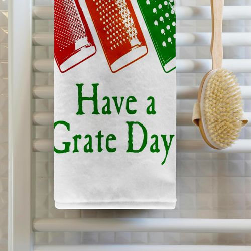 3dRose 22x30 Bath Hand Pool Towel - Have a Grate Day- Funny Cheese Grater Design in Red Orange and Green Designs