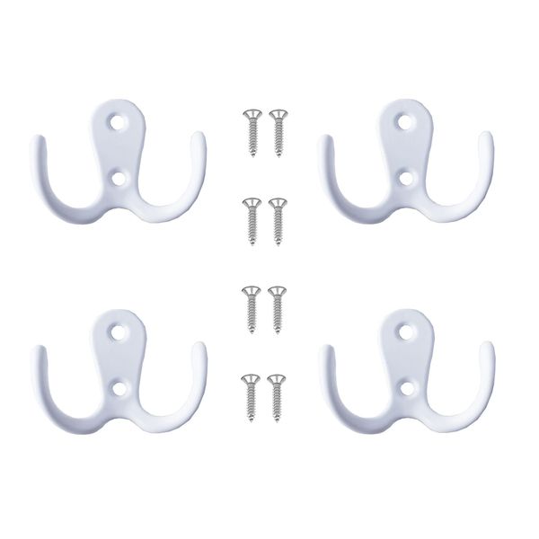 Yesmin 4 Pcs Double Prong Robe Hooks, Dual Coat Hooks Wall Mounted Hanging Clothes for Bathroom Bedroom Door Wall Retro Metal Cloth Hanger Double Coat Hooks with 8 Screws (White)