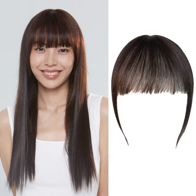 LUCY LEE Partial Wig, 100% Human Hair, Bangs Wig, Top of Head, Artificial Skin, Partitioned Natural, Medical Use, Conceals Gray Hair, Alopecia, Air Feel, Heat Resistant, Ladies, Small Face, One-Touch, Easy to Use, Extension Wig (Dark Brown)