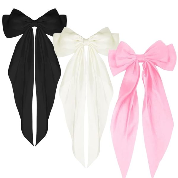 Hair Bows Hair Clips with Long Tail, 3 PCS Silky Satin Big Bow Hair Clips Bowknot Hair Barrettes Hair Tassel Ribbon Ponytail Holder Hair Bow Accessories for Women Girls Teens Kids(Black,Beige,Pink)