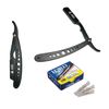 Classic Samurai New Ergonomic Design Stainless Steel Professional Folding Straight Edge Barber Razor Shavette Manual Shaver with 100 Lord Single Blades (Matte Black + 100 Lord Blades)