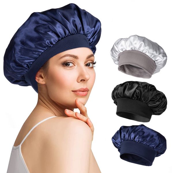 WIFUN 3 Pieces Hair Bonnet for Sleeping, Wide Elastic Band Satin Bonnet Silk Bonnet Soft Silk Hair Wrap Night Sleep Cap Head Cover for Women Girl Curly Hair Care (Black, Navy, Silver)