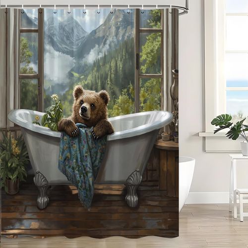 UPUMKSK Funny Brown Bear Shower Curtain Farmhouse Animal Bathing in Bathtub Bubbles Rustic Forest Mountain Wildlife Cute Retro Cabin Country Art Bath Decor Curtain with Hooks