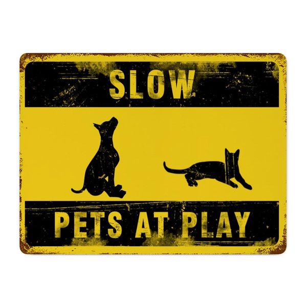 Funlucy Warning Sign Slow Pets at Play Sign,Dog And Cat at Play Rustic Signs 12x16 Inch Waterproof Aluminum Tin Signs for Indoor & Outdoor Road Community Street Home Decoration