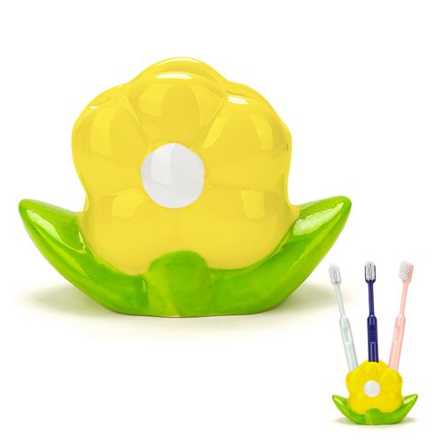 DODAMOUR Toothbrush Holders for Bathrooms, Ceramic Toothbrush Stand, 3 Slots Flower Tooth Brush Storage Organizer for Bathroom Vanity Countertops (Yellow)