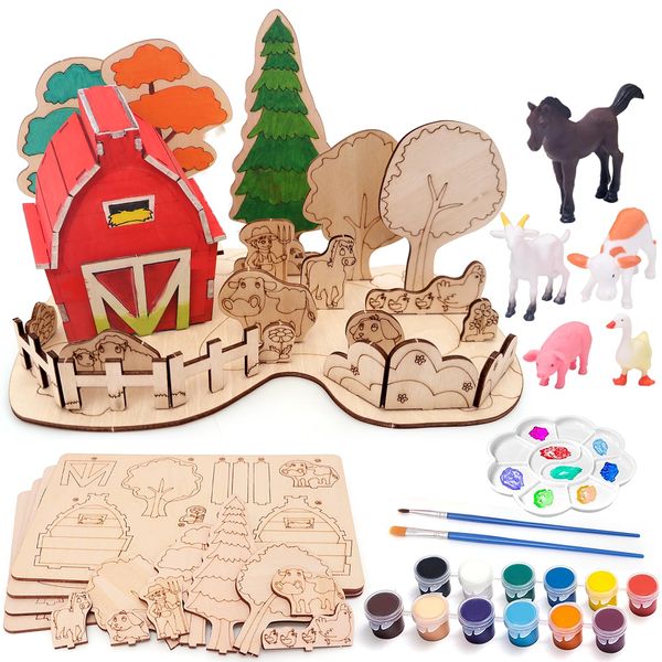 FUNCREVITY Wooden Arts and Crafts Kits for Kids Boys Girls Paint Your Own Farm Toys DIY Kids Activities Painting Kits Christmas Birthday Gift Ages 3 4 5 6 7 8 Years Old