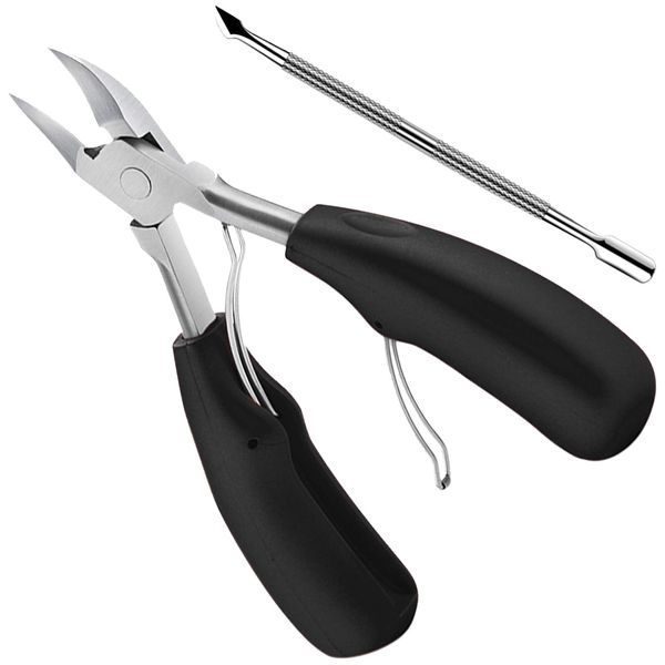 Toenail Clippers for Thick Nails and Cuticle Pusher Made of Rustproof Stainless Steel, Super Sharp Blades and Strong Big Nail Scissors Nippers with Box