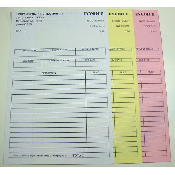 500 Printed 3 Part Carbonless Sets Custom Forms  8.5" x 5.5" business proposals