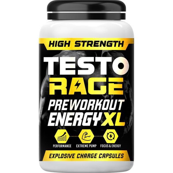 TESTO Rage Pre-Workout Capsules, Boosts Energy, Focus, Endurance, 60 Capsules