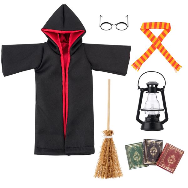 Wizard Doll Clothes Christmas Elf Doll Accessories Halloween Costume Decor with Robe Scarf Broom Mini Glasses Mini Kerosene Lamp Decoration 3 Mini Book Party Gift