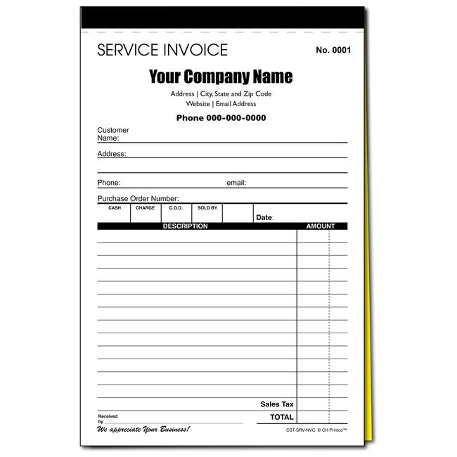 Custom Service Invoice Carbonless Form with Your Company Name - 2 Books (100 Sets) Numbered