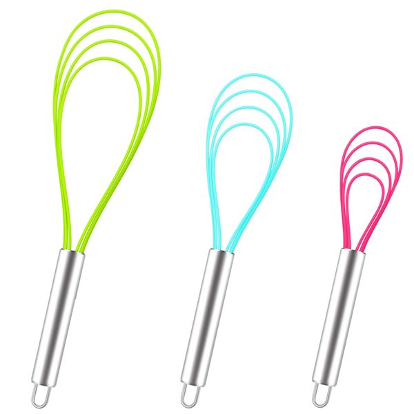 Webake Flat Whisk Silicone Kitchen Egg Sauce Whisk 3 Pcs 8‘’ 10‘’ 12'' Heat Resistant Mini Whisk for Blending, Whisking, Beating, Stirring