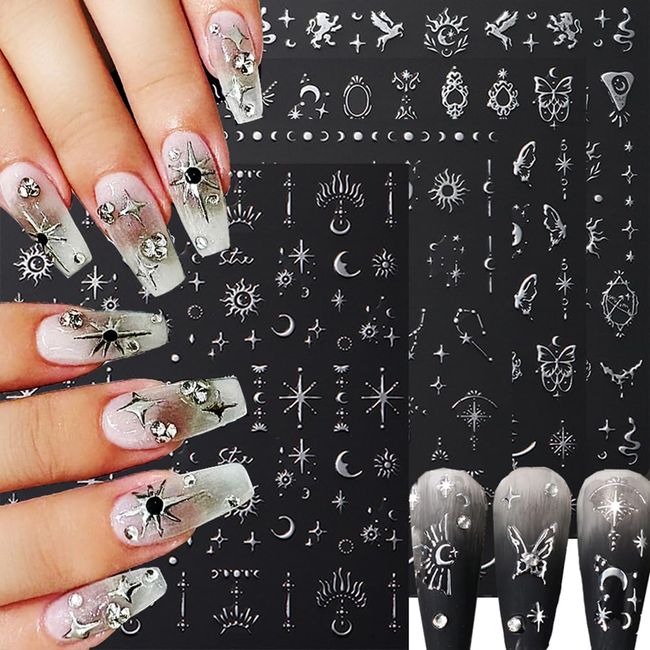 8 Sheets Metallic Silver Nail Stickers for Women 3D Star Moon Sun Nail Decals for Nail Art Supplies Bronzing Silver Nail Sticker Pegasus Butterfly Nail Art Stickers Self-Adhesive Stickers for Nails