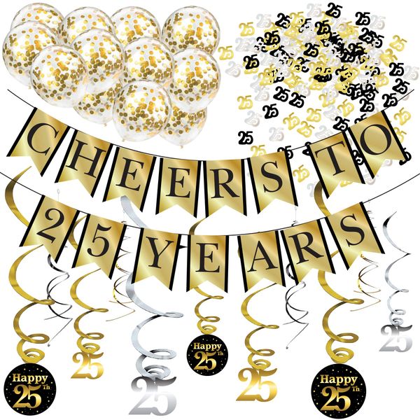 25th Birthday Party Decorations and Anniversary Pack - Cheers to 25 Years Banner, Balloons, Swirls and Confetti Party Supplies