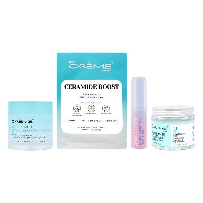 The Crème Shop Deep Hydration Rescue Set: Water 3000 Face Crème Ceramide Boost Sheet Mask Aqua Cure Multi-Balm Overnight Hyaluronic Gelée Mask for Radiant Skin.