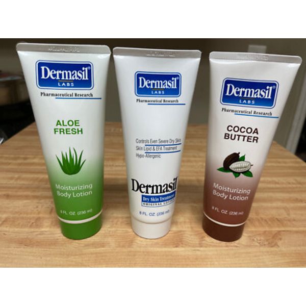 3 NEW 8 OZ DERMASIL ALOE FRESH BODY LOTION, COCOA BUTTER & DRY SKIN TREATMENT