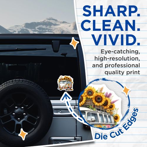 (2 Pack) Vintage Volkswagen Van Stickers - Floral Hippie Van - Sunflower Groovy Peace Decals for Car Laptop Water Bottle - 5" On Longest Side - Sticks to Smooth Flat Surfaces - Made in USA - BMCS8858