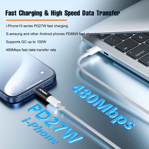Light-ning to USB C Adapter 2Pack,PD27W/66W Fast Charging&Transfer,Light ning Female to USB-C Male,Type C Charger Converter Cable for Phone 15 16 Series,Pad,G-alaxy,P-ixel,Not for A-udio/OTG Black